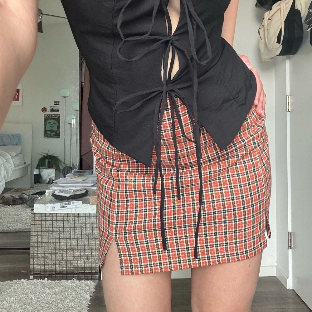 Brandy Melville Plaid Mini Skirt - Orange and Black